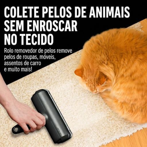 utor usando o rolo removedor de pelos para higienizar um tapete claro próximo a um gato, mantendo a casa livre de alérgenos.