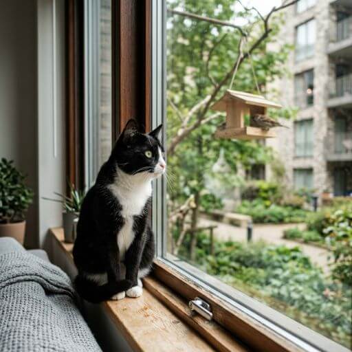 Gato doméstico sentado na calha de uma janela fechada, olhando atentamente e entretido pelo movimento externo através do vidro, transformado em um cinema ao vivo.
