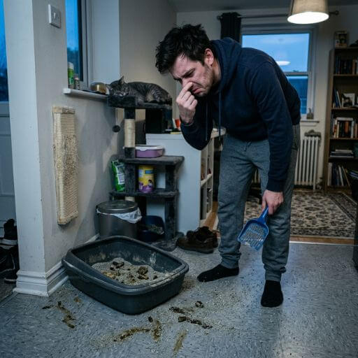 A Melhor Caixa de Areia Automática Para Gatos: Revolucionando a Higiene no Apartamento 2 Tutor de gato exausta tapando o nariz ao limpar uma caixa de areia tradicional suja num apartamento.