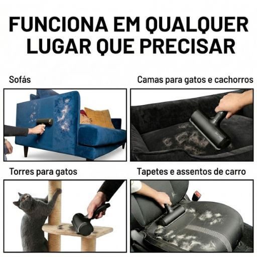 Demonstração da versatilidade do rolo removedor de pelos limpando sofás, camas de pet, arranhadores e carros.