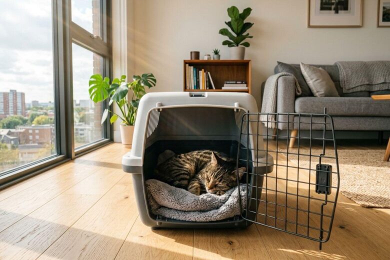 Gato rajado relaxado a dormir dentro de uma caixa de transporte para gatos aberta numa sala de apartamento moderna.