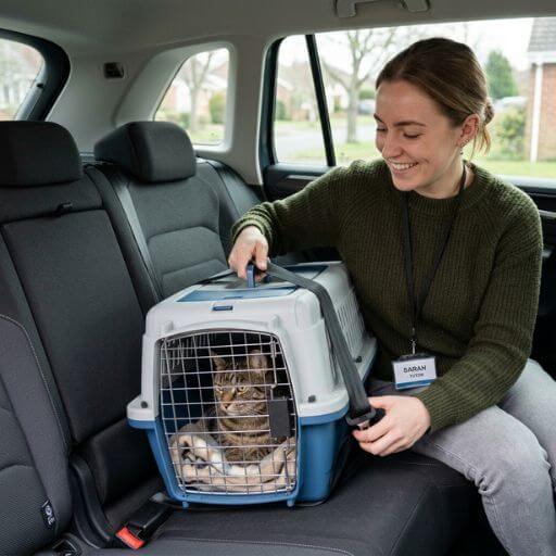 Tutora sorridente a prender com segurança uma caixa de transporte para gatos no banco de trás do carro com o cinto de segurança.