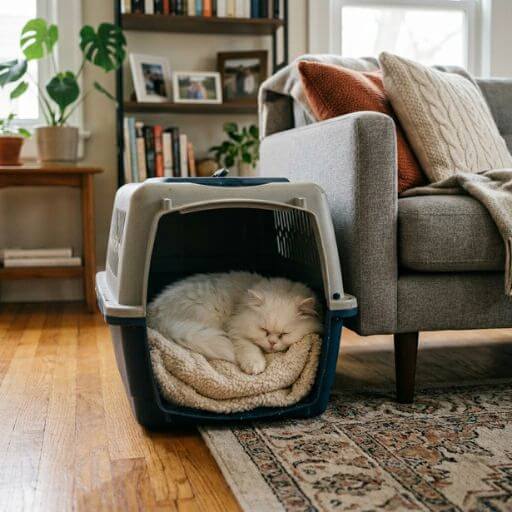 Gato branco a dormir confortavelmente numa manta dentro de uma caixa de transporte sem porta na sala de estar.