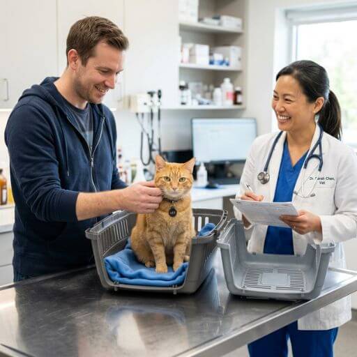 Gato calmo na base de uma caixa de transporte sem o teto numa mesa de veterinário, a ser acariciado pelo tutor.