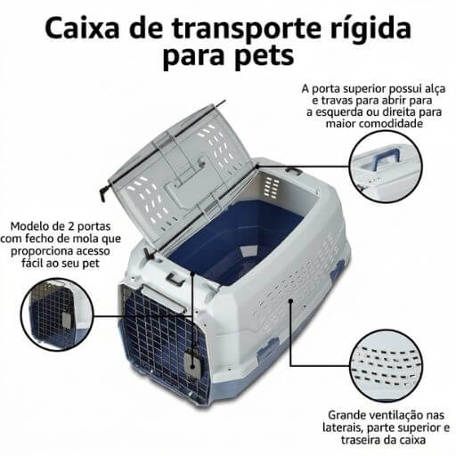 Visão detalhada da caixa de transporte para gatos com o teto parcialmente aberto, mostrando acesso fácil