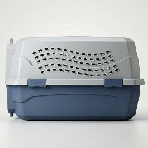 Lateral de uma caixa de transporte para gatos exibindo o sistema de ventilação otimizado para viagens
