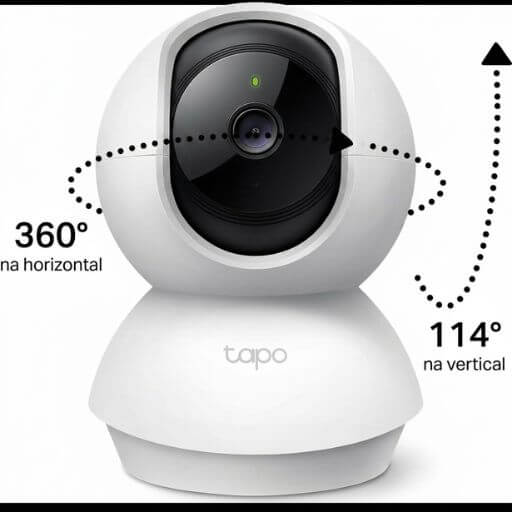 Câmera de vigilância para gatos branca com indicação de rotação 360 graus na horizontal.