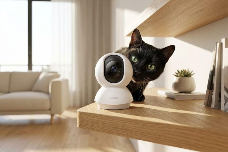 Câmera de vigilância para gatos moderna com design minimalista sobre uma uma mesa com um gato preto atrás.