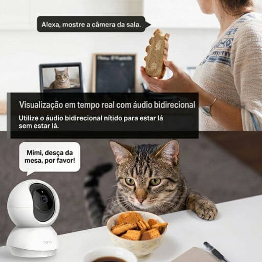 Tutora usando a Alexa e o áudio bidirecional da câmera interativa gatos para pedir ao felino que desça da mesa.