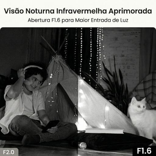 Visão noturna infravermelha de uma câmera wi-fi pet gravando um gato branco e uma criança no escuro.