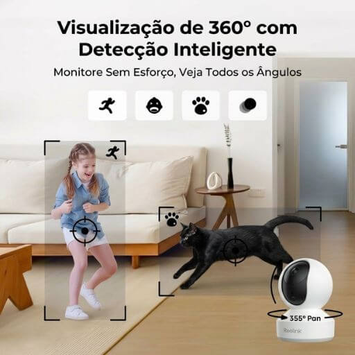 Câmera rastreando o movimento de uma criança e gravando o gato sozinho correndo pela sala.