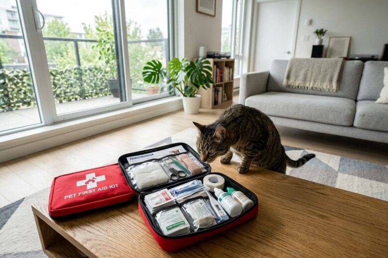 Kit de primeiros socorros para gatos aberto em uma mesa de centro com um felino curioso observando, em um apartamento moderno.