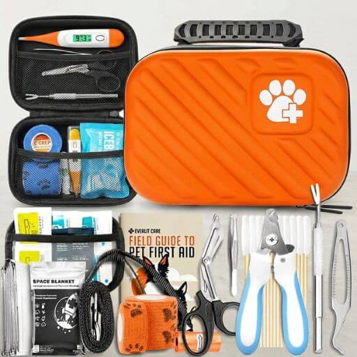 Detalhe de um kit de primeiros socorros para gatos utilizado para uma emergência veterinária em apartamento.