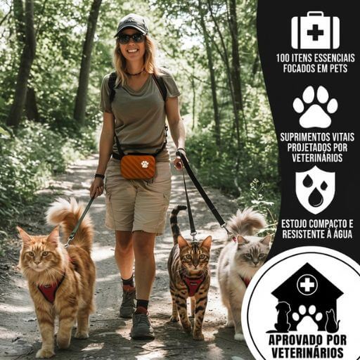 Itens essenciais do kit de primeiros socorros usados para estabilizar o gato antes da ida ao veterinário.