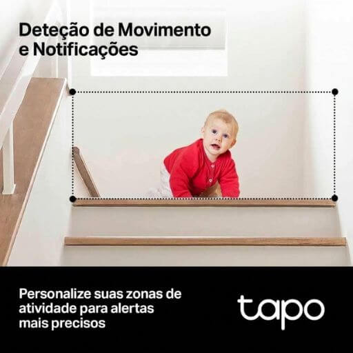 Infográfico resumindo as funções da câmera de vigilância para gatos, como áudio bidirecional, rastreamento e modo privacidade.