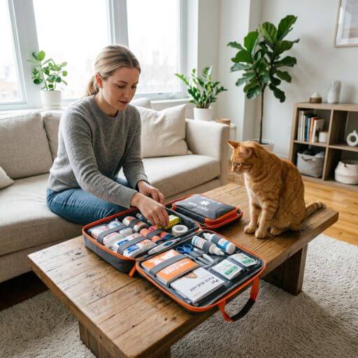 Kit de primeiros socorros para animais de estimação, moderno e organizado, aberto sobre uma mesa de centro de madeira em um apartamento minimalista e iluminado. um tutor mexendo no kit e Um gato laranja curioso do lado.