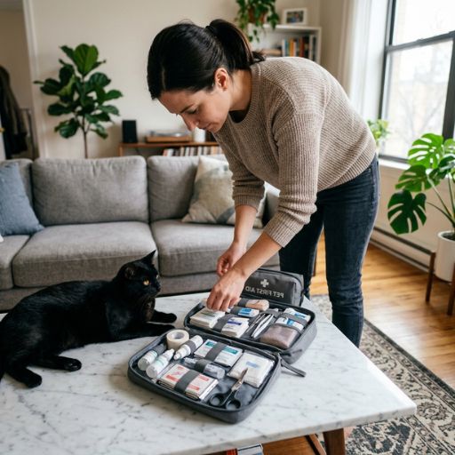 Kit de primeiros socorros para animais de estimação, moderno e organizado, aberto sobre uma mesa de centro de madeira em um apartamento minimalista e iluminado. um tutor mexendo no kit e Um gato preto curioso do lado.