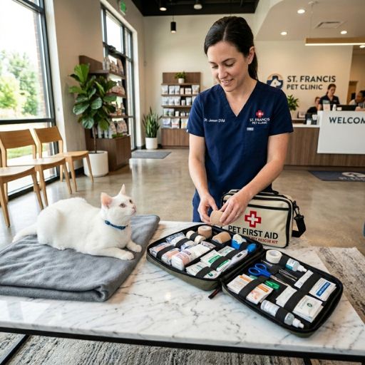 Kit de primeiros socorros para animais de estimação, moderno e organizado, aberto sobre uma mesa de centro de marmore em um clinica de pets. Um veterinario em pé mexendo no kit e Um gato branco deitado e curioso do lado.